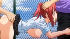 Red haired anime babe gets filled by two big cocks on a rooftop