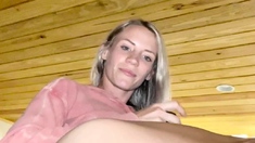 Blonde teen slut plays with a toy banana