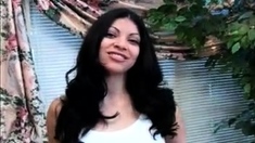 Busty curly brunette with big boobs fucks on couch