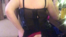 Mature blonde stunning in her red lingerie and stockings has