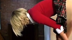 Blonde femdom facesitting in fishnet lingerie